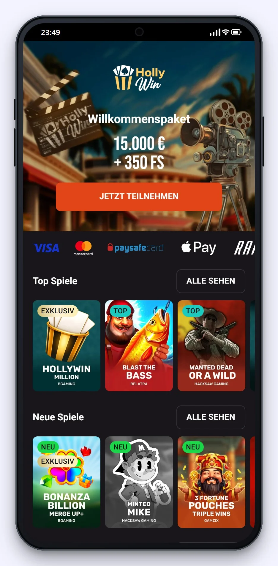 Curacao Casino Schweiz: die Startseite des Casinos Hollywin