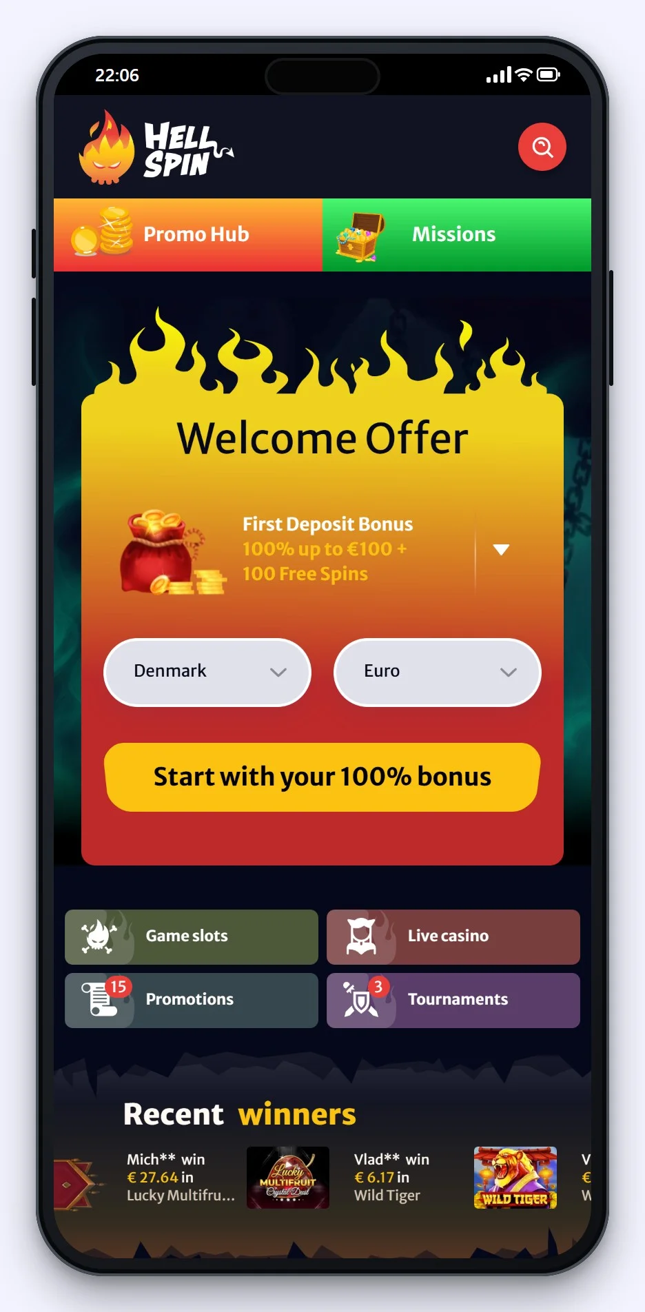 curacao casino: forsiden på casinoet HellSpin