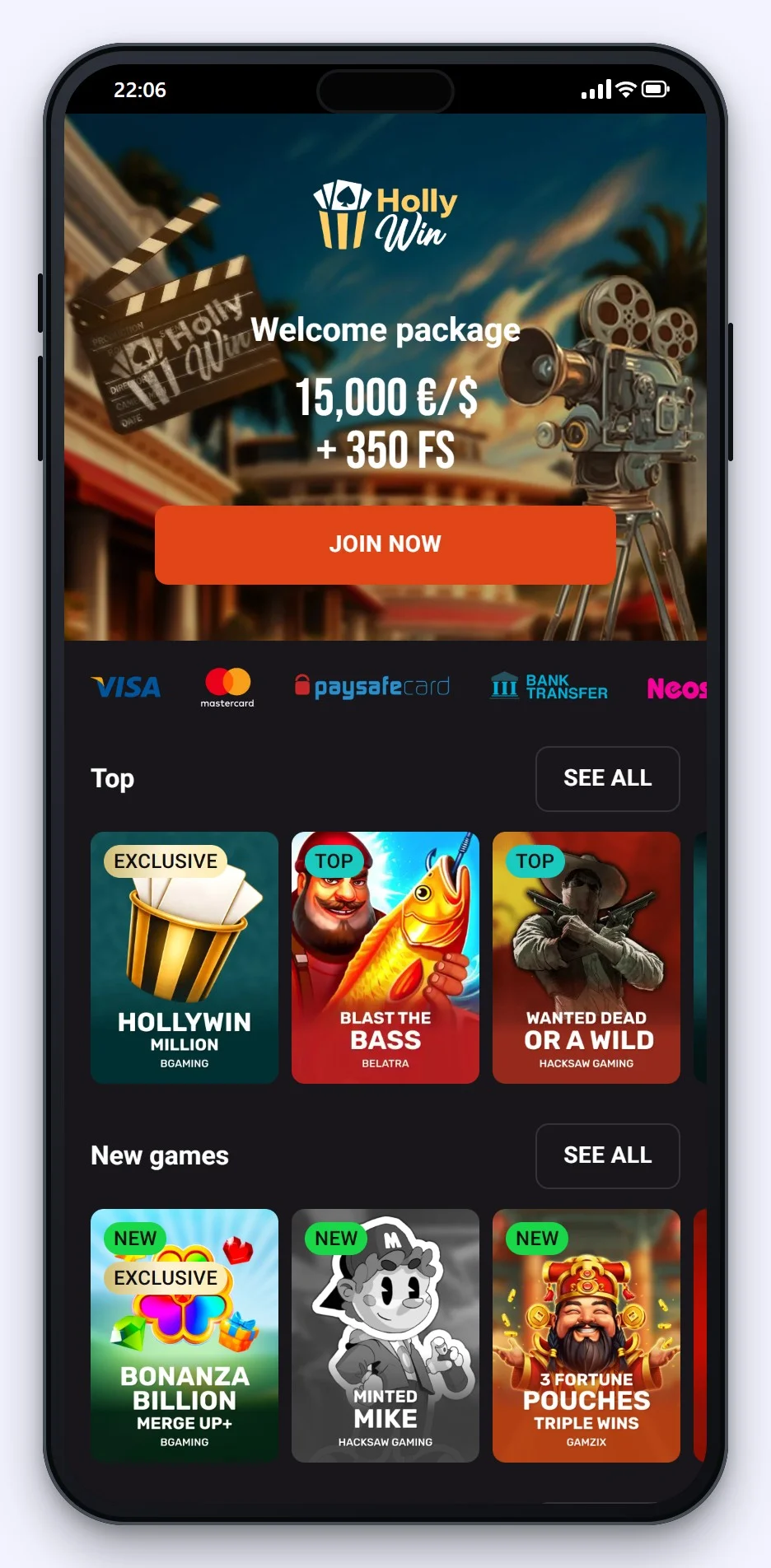 curacao licens: forsiden på casinoet Hollywin