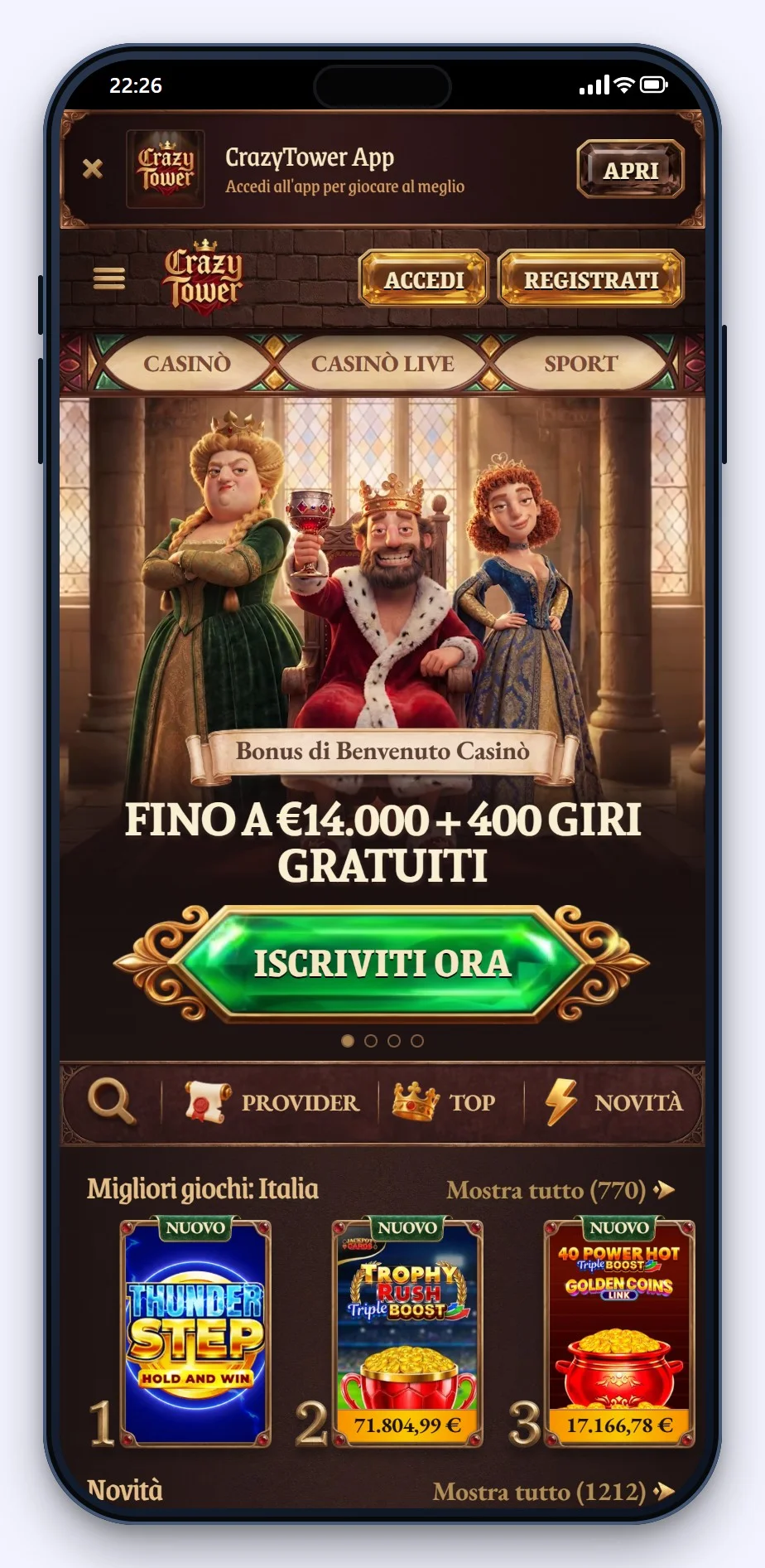 casinò con licenza curaçao: la pagina principale di CrazyTower